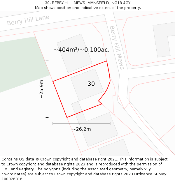 30, BERRY HILL MEWS, MANSFIELD, NG18 4GY: Plot and title map