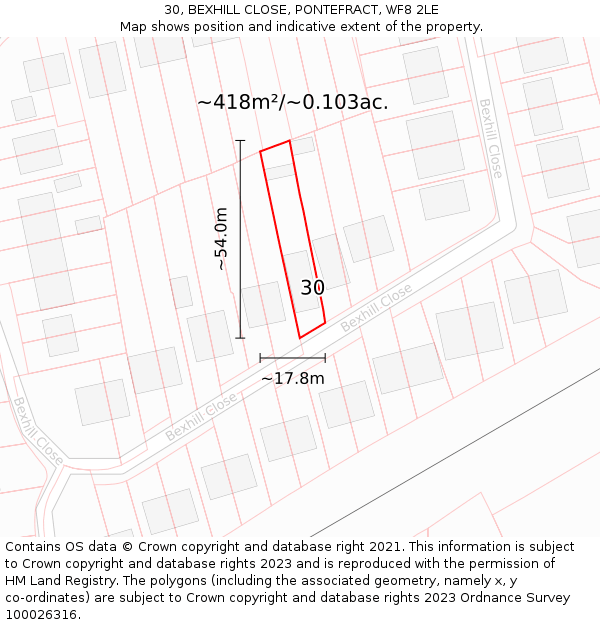 30, BEXHILL CLOSE, PONTEFRACT, WF8 2LE: Plot and title map
