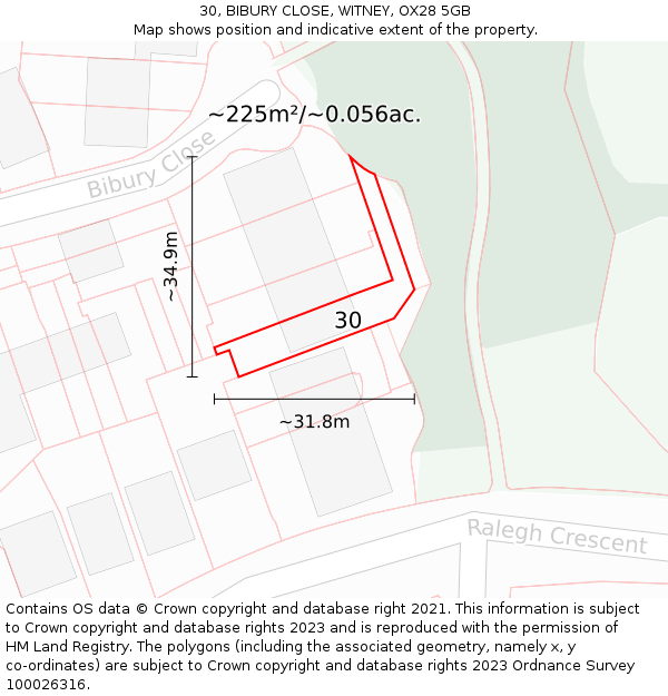 30, BIBURY CLOSE, WITNEY, OX28 5GB: Plot and title map