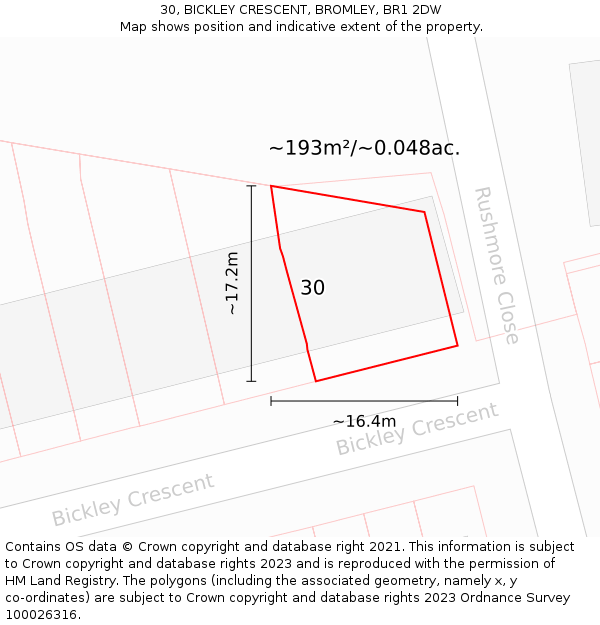 30, BICKLEY CRESCENT, BROMLEY, BR1 2DW: Plot and title map