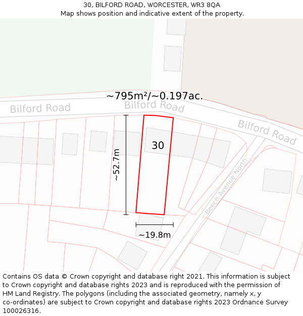 30, BILFORD ROAD, WORCESTER, WR3 8QA: Plot and title map