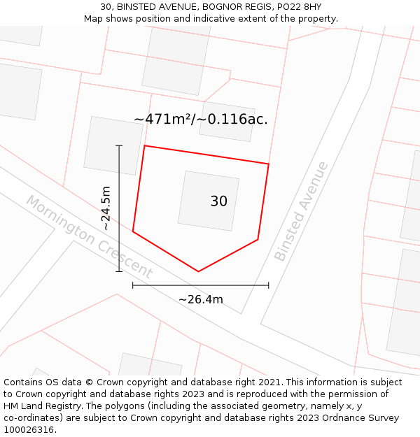 30, BINSTED AVENUE, BOGNOR REGIS, PO22 8HY: Plot and title map