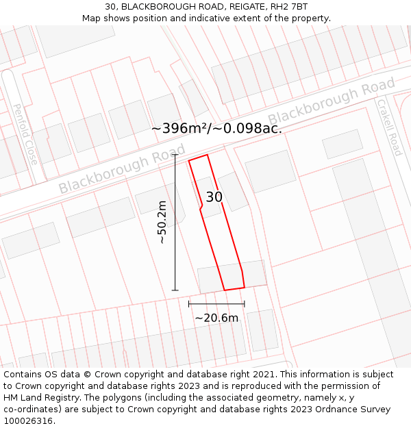 30, BLACKBOROUGH ROAD, REIGATE, RH2 7BT: Plot and title map