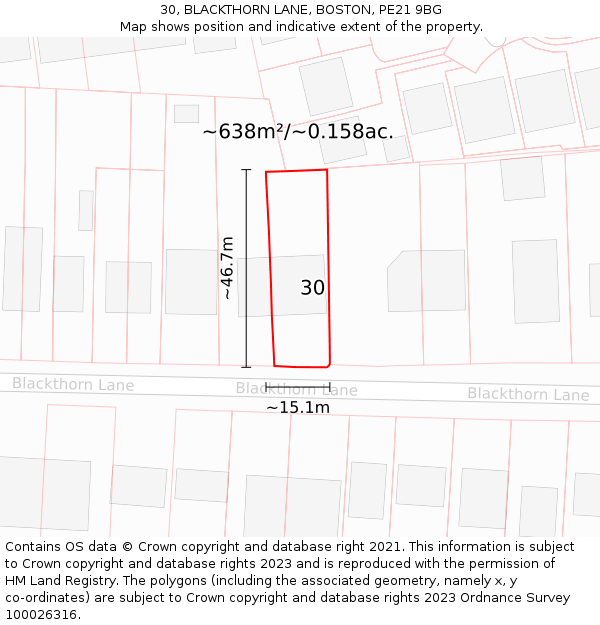 30, BLACKTHORN LANE, BOSTON, PE21 9BG: Plot and title map