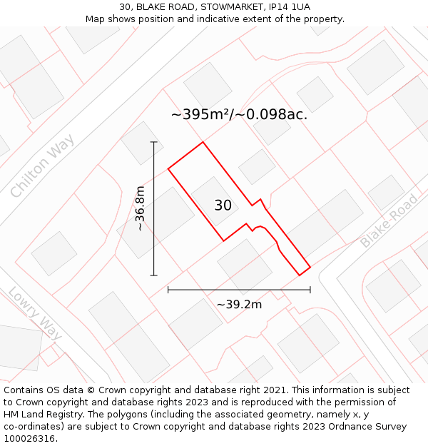 30, BLAKE ROAD, STOWMARKET, IP14 1UA: Plot and title map