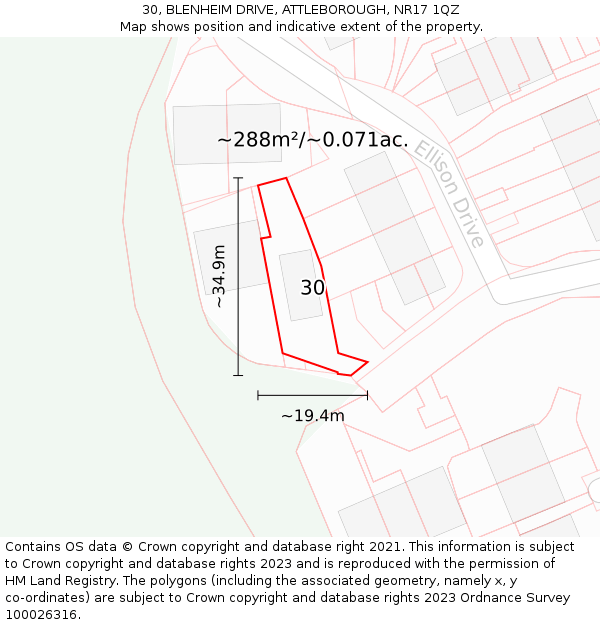 30, BLENHEIM DRIVE, ATTLEBOROUGH, NR17 1QZ: Plot and title map