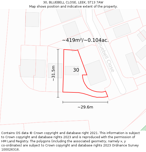 30, BLUEBELL CLOSE, LEEK, ST13 7AW: Plot and title map