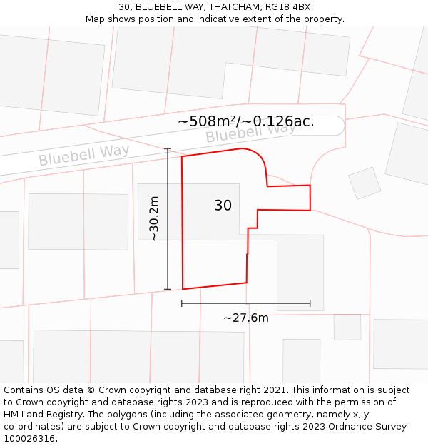 30, BLUEBELL WAY, THATCHAM, RG18 4BX: Plot and title map