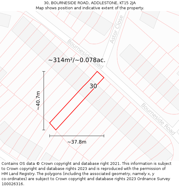 30, BOURNESIDE ROAD, ADDLESTONE, KT15 2JA: Plot and title map