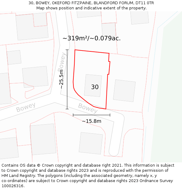 30, BOWEY, OKEFORD FITZPAINE, BLANDFORD FORUM, DT11 0TR: Plot and title map