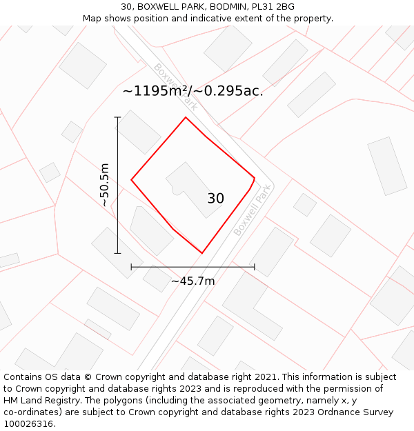 30, BOXWELL PARK, BODMIN, PL31 2BG: Plot and title map