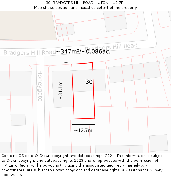 30, BRADGERS HILL ROAD, LUTON, LU2 7EL: Plot and title map