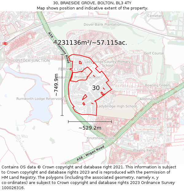 30, BRAESIDE GROVE, BOLTON, BL3 4TY: Plot and title map