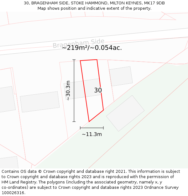 30, BRAGENHAM SIDE, STOKE HAMMOND, MILTON KEYNES, MK17 9DB: Plot and title map