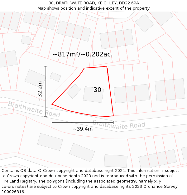 30, BRAITHWAITE ROAD, KEIGHLEY, BD22 6PA: Plot and title map