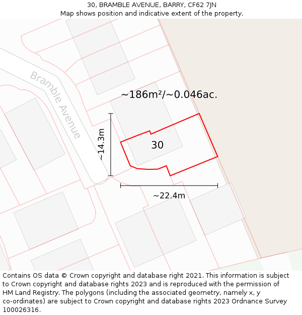 30, BRAMBLE AVENUE, BARRY, CF62 7JN: Plot and title map