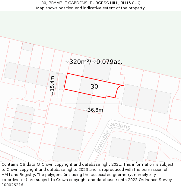 30, BRAMBLE GARDENS, BURGESS HILL, RH15 8UQ: Plot and title map