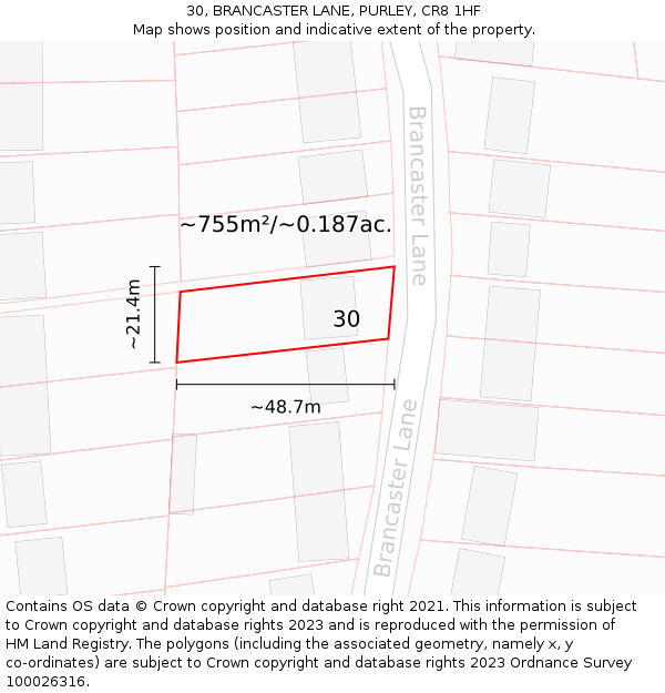 30, BRANCASTER LANE, PURLEY, CR8 1HF: Plot and title map