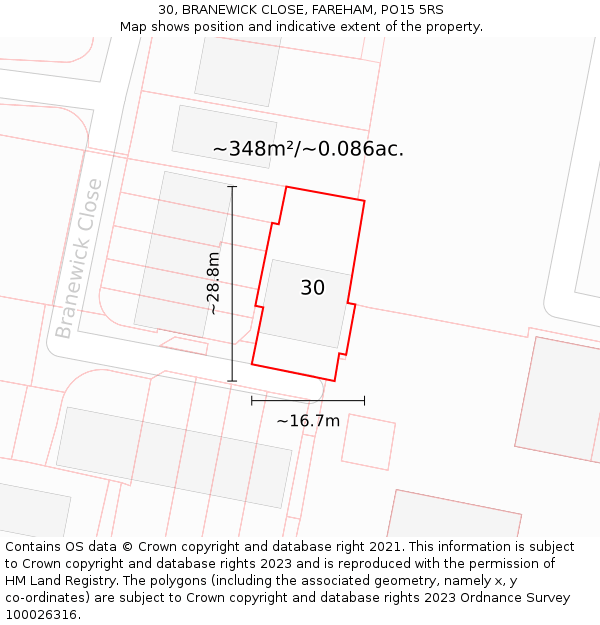 30, BRANEWICK CLOSE, FAREHAM, PO15 5RS: Plot and title map