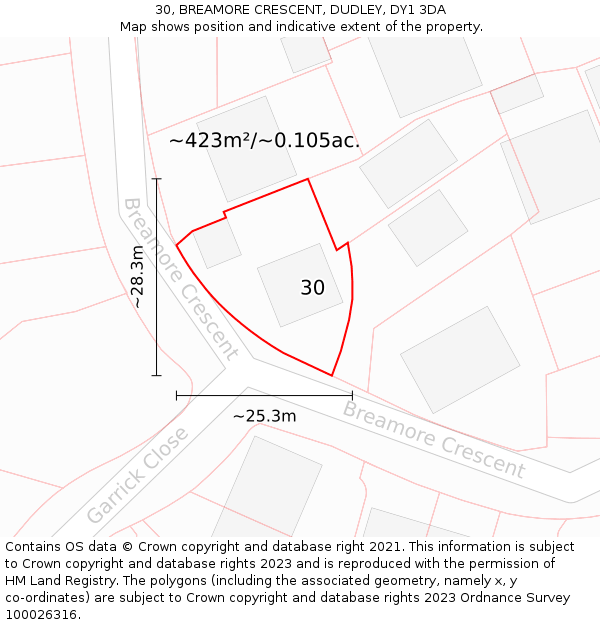 30, BREAMORE CRESCENT, DUDLEY, DY1 3DA: Plot and title map