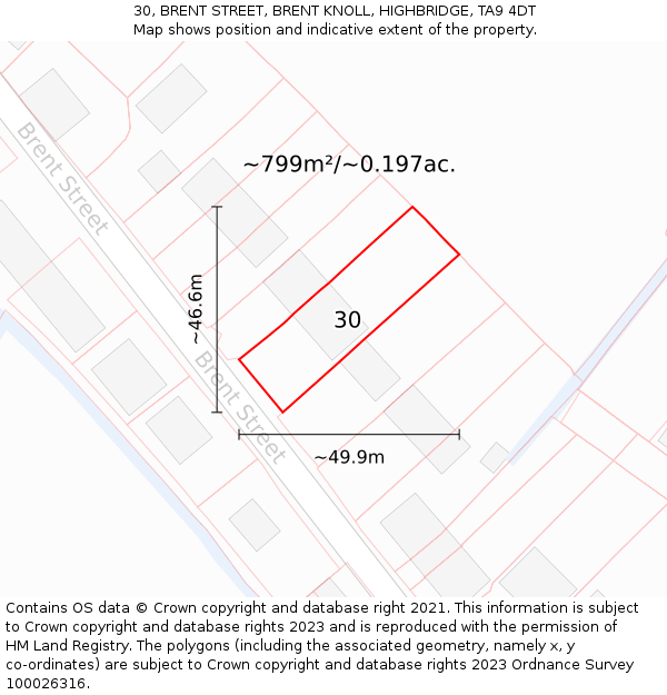 30, BRENT STREET, BRENT KNOLL, HIGHBRIDGE, TA9 4DT: Plot and title map