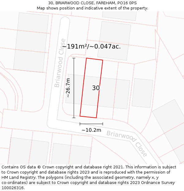 30, BRIARWOOD CLOSE, FAREHAM, PO16 0PS: Plot and title map