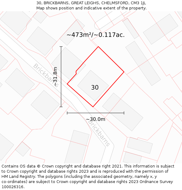 30, BRICKBARNS, GREAT LEIGHS, CHELMSFORD, CM3 1JL: Plot and title map