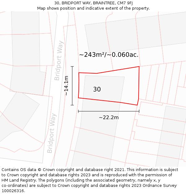 30, BRIDPORT WAY, BRAINTREE, CM7 9FJ: Plot and title map