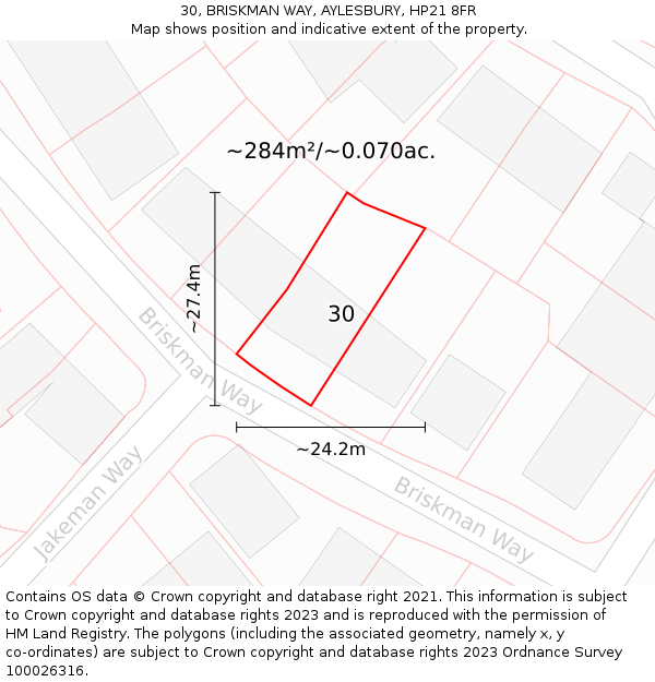 30, BRISKMAN WAY, AYLESBURY, HP21 8FR: Plot and title map