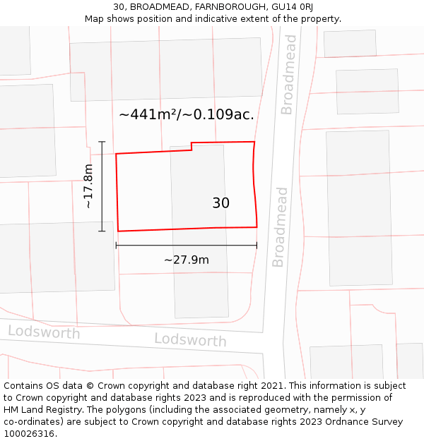 30, BROADMEAD, FARNBOROUGH, GU14 0RJ: Plot and title map