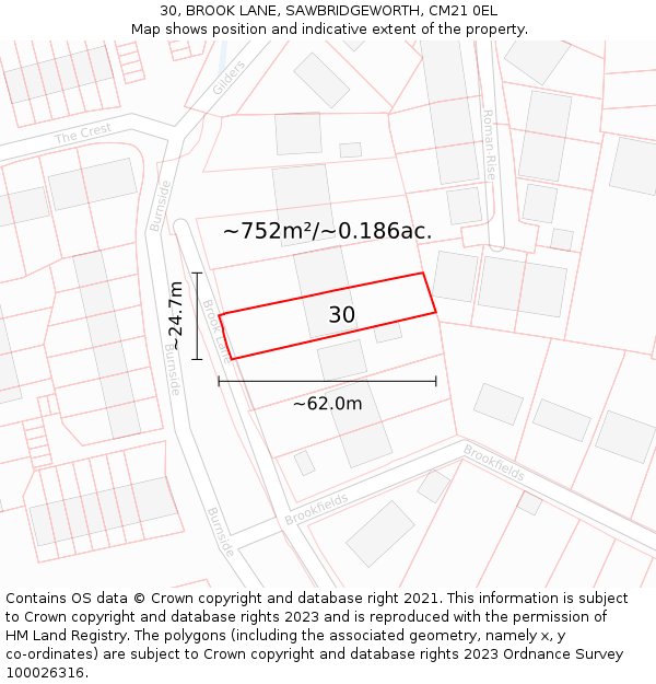 30, BROOK LANE, SAWBRIDGEWORTH, CM21 0EL: Plot and title map