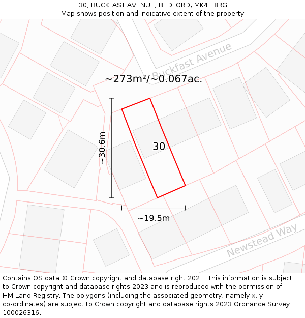 30, BUCKFAST AVENUE, BEDFORD, MK41 8RG: Plot and title map