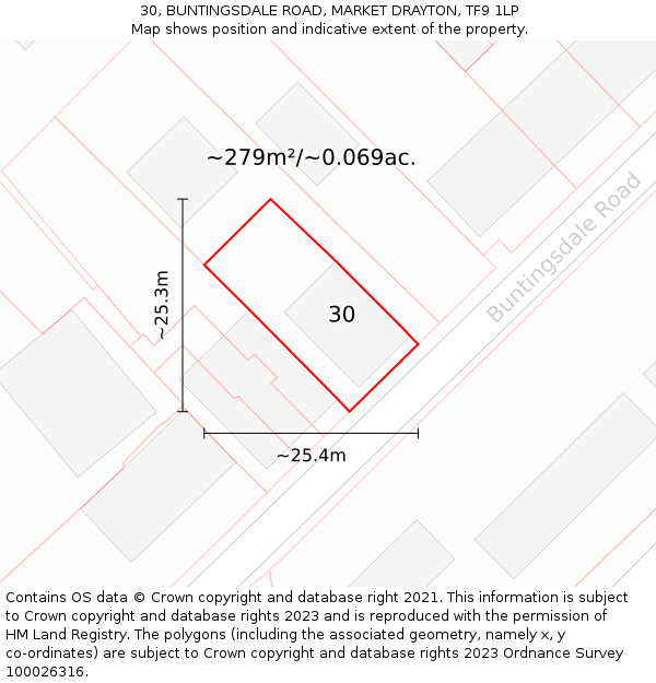 30, BUNTINGSDALE ROAD, MARKET DRAYTON, TF9 1LP: Plot and title map