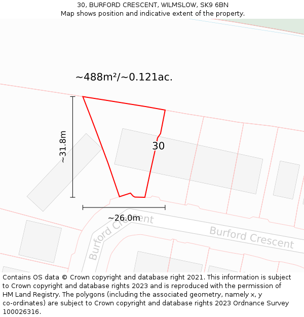 30, BURFORD CRESCENT, WILMSLOW, SK9 6BN: Plot and title map
