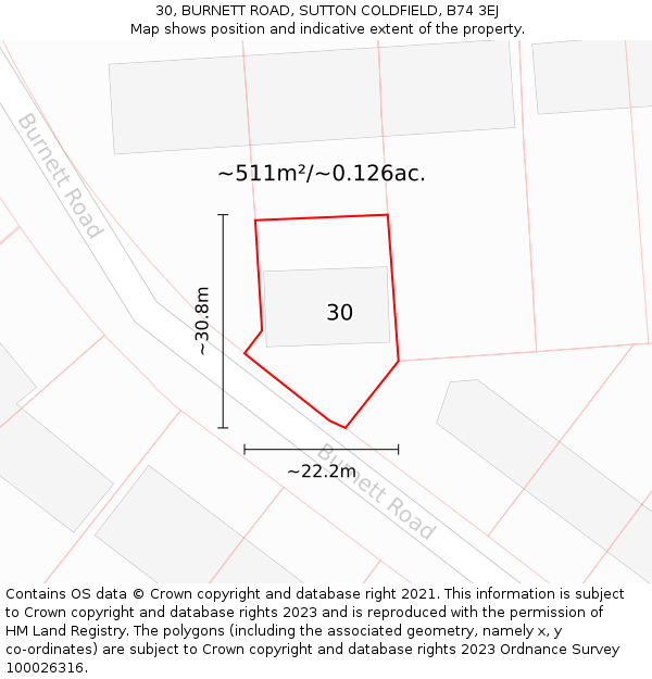 30, BURNETT ROAD, SUTTON COLDFIELD, B74 3EJ: Plot and title map