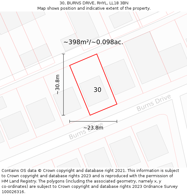 30, BURNS DRIVE, RHYL, LL18 3BN: Plot and title map