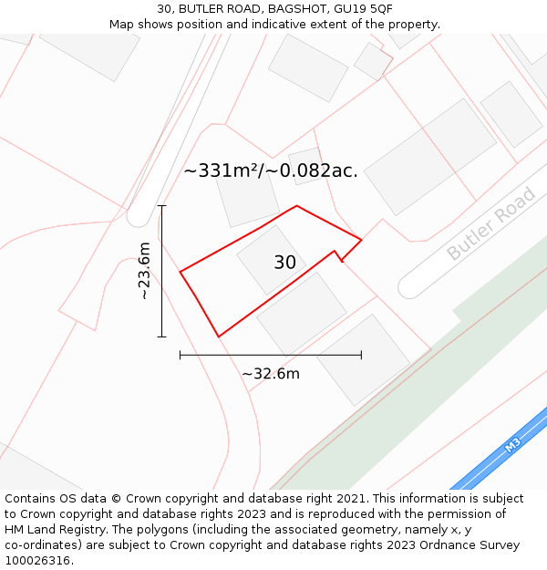 30, BUTLER ROAD, BAGSHOT, GU19 5QF: Plot and title map