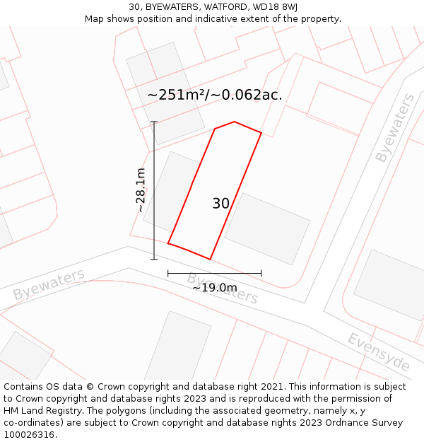 30, BYEWATERS, WATFORD, WD18 8WJ: Plot and title map
