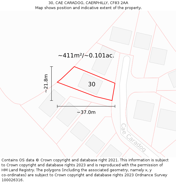 30, CAE CARADOG, CAERPHILLY, CF83 2AA: Plot and title map