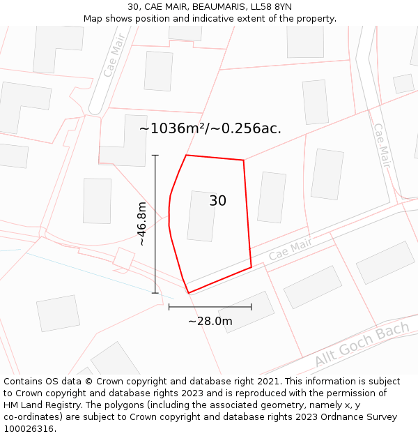 30, CAE MAIR, BEAUMARIS, LL58 8YN: Plot and title map