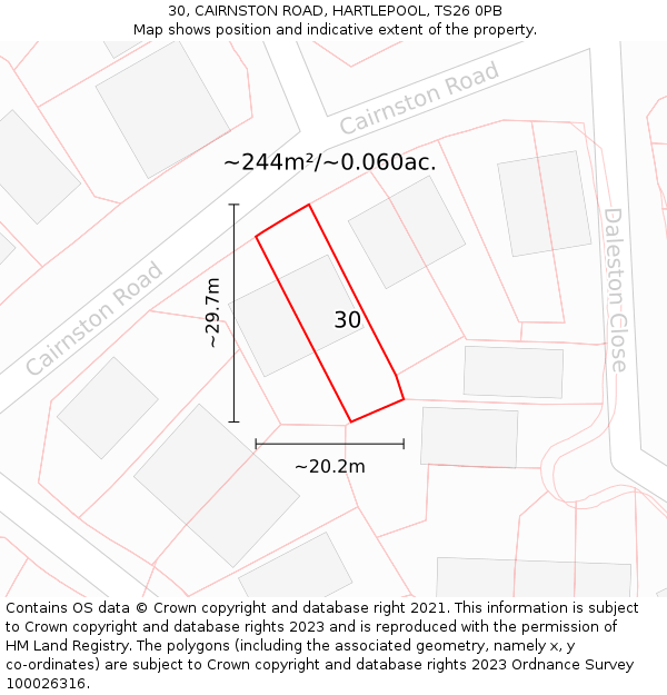 30, CAIRNSTON ROAD, HARTLEPOOL, TS26 0PB: Plot and title map