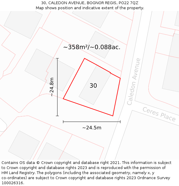 30, CALEDON AVENUE, BOGNOR REGIS, PO22 7QZ: Plot and title map