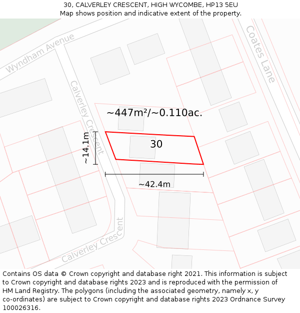 30, CALVERLEY CRESCENT, HIGH WYCOMBE, HP13 5EU: Plot and title map