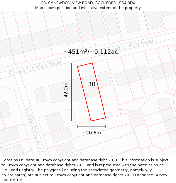 30, CANEWDON VIEW ROAD, ROCHFORD, SS4 3DX: Plot and title map