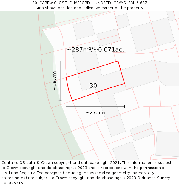 30, CAREW CLOSE, CHAFFORD HUNDRED, GRAYS, RM16 6RZ: Plot and title map