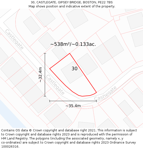 30, CASTLEGATE, GIPSEY BRIDGE, BOSTON, PE22 7BS: Plot and title map