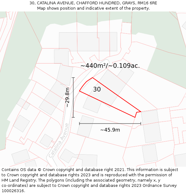 30, CATALINA AVENUE, CHAFFORD HUNDRED, GRAYS, RM16 6RE: Plot and title map