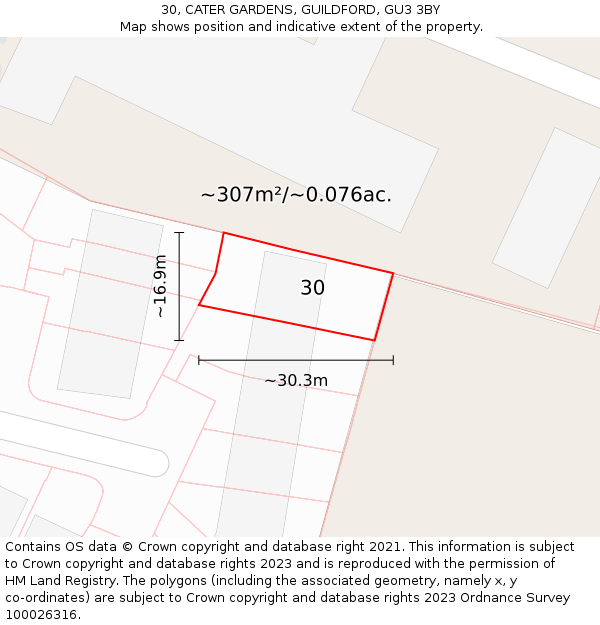 30, CATER GARDENS, GUILDFORD, GU3 3BY: Plot and title map