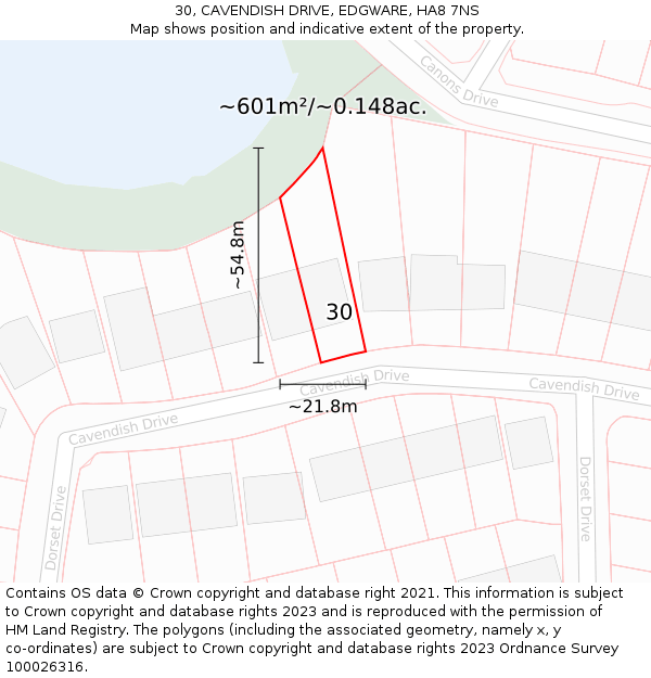 30, CAVENDISH DRIVE, EDGWARE, HA8 7NS: Plot and title map