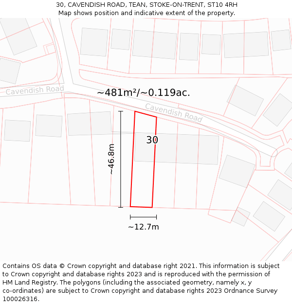 30, CAVENDISH ROAD, TEAN, STOKE-ON-TRENT, ST10 4RH: Plot and title map